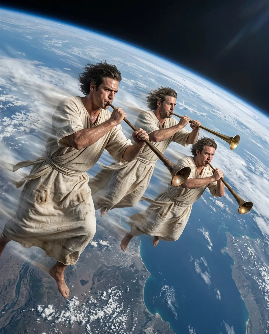 Three Angels Flying Over the Earth Sounding Trumpets