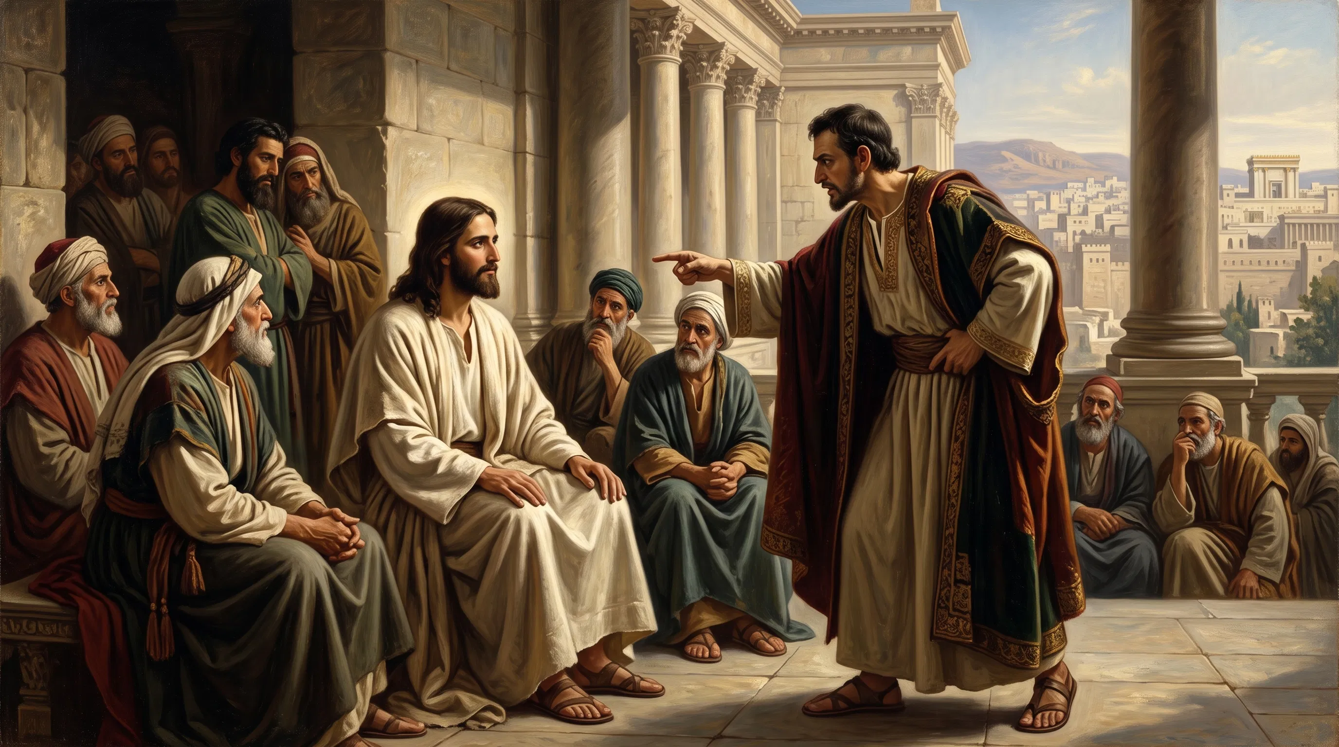 A Lawyer Questions Jesus in the Temple Court