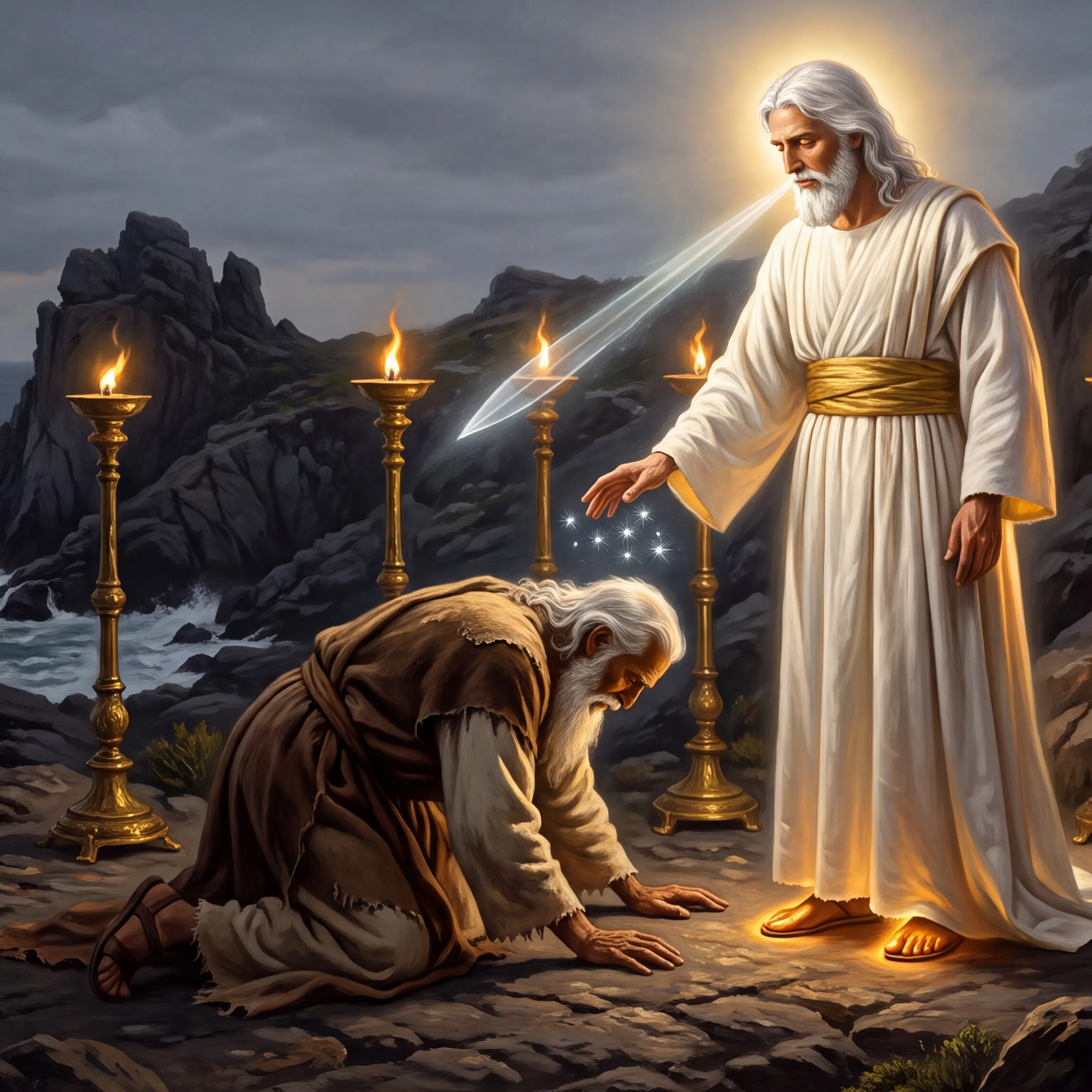 John Kneels Before the Glorified Christ on Patmos