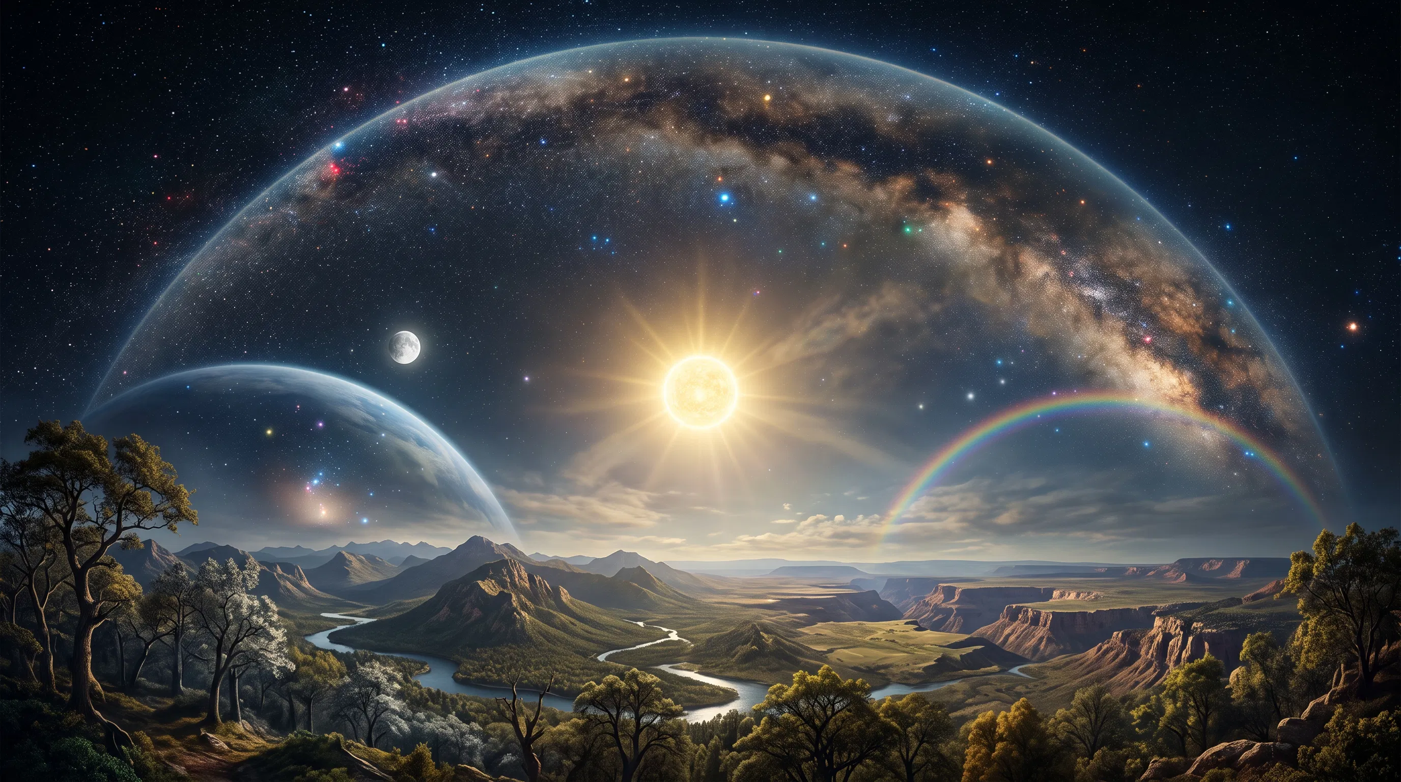 Sun, Moon and Stars Under a Rainbow Dome