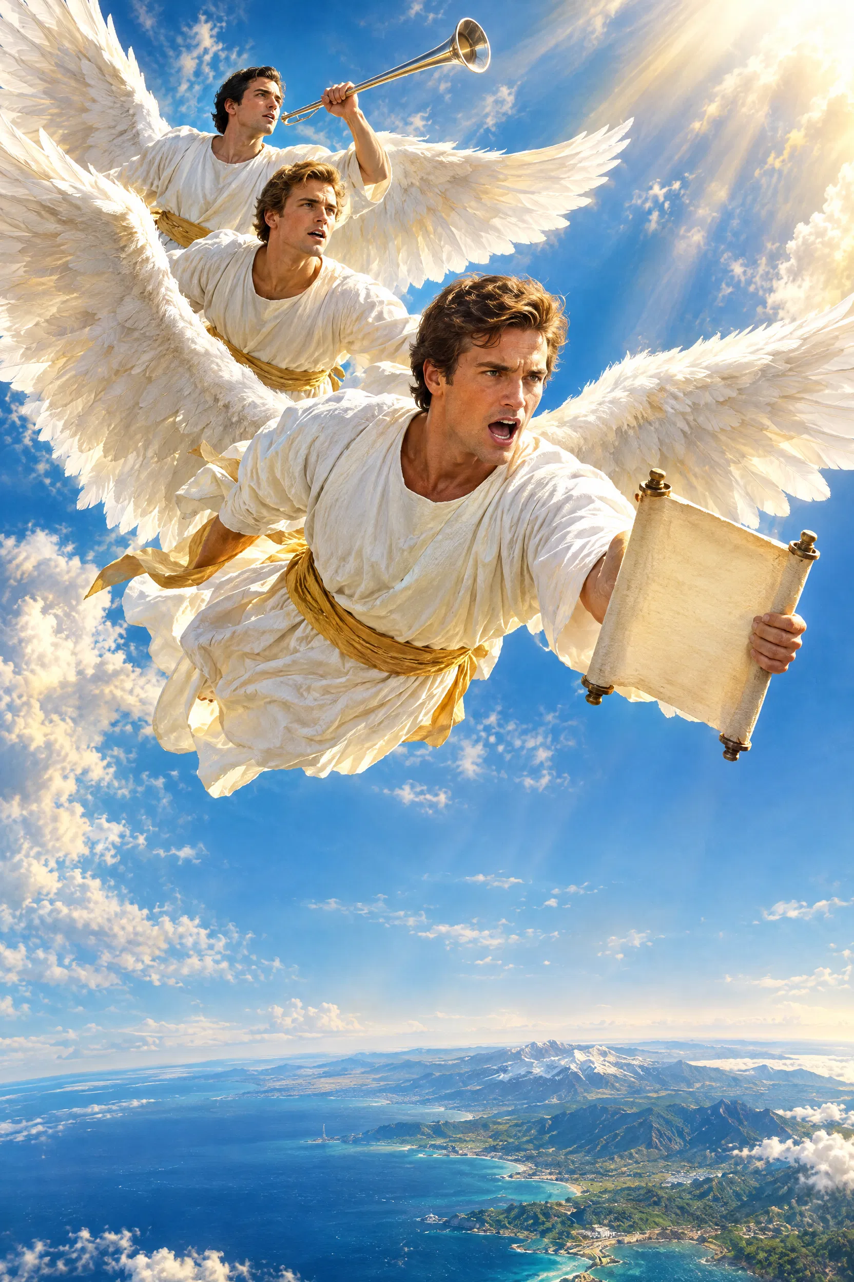Three Angels Fly Across the Sky Over the Earth