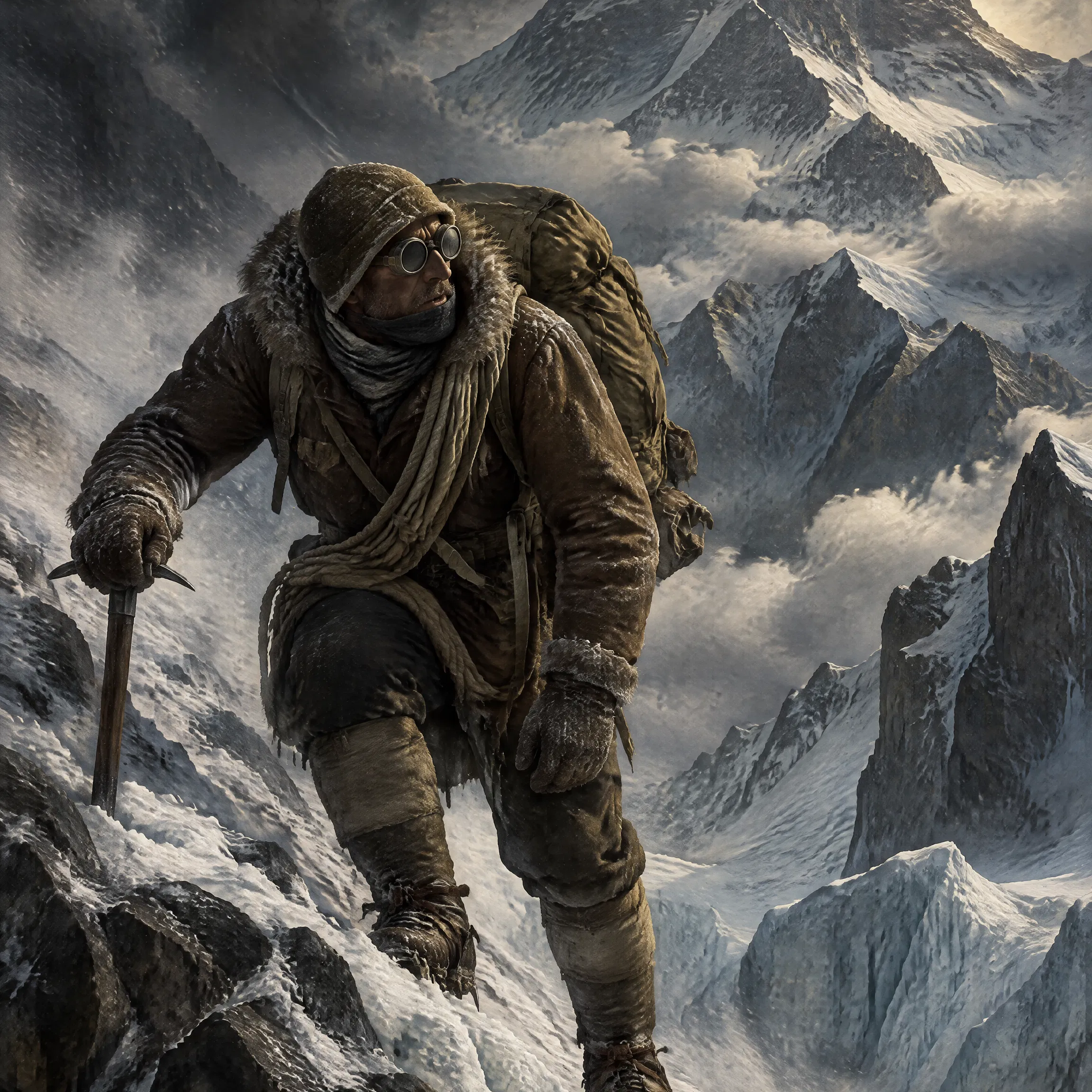 Lone Climber Struggling Up a Snowy Mountain