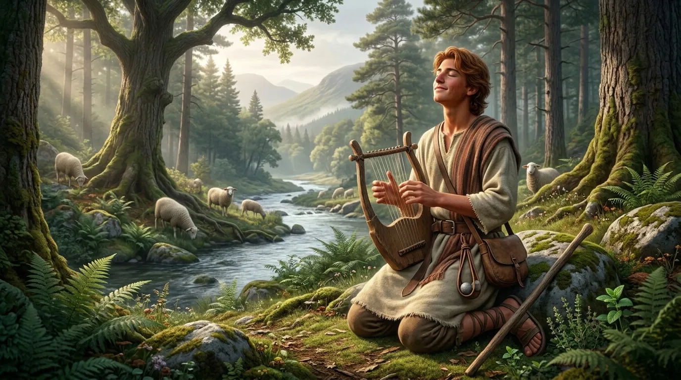 David Playing the Harp Beside a River With Sheep