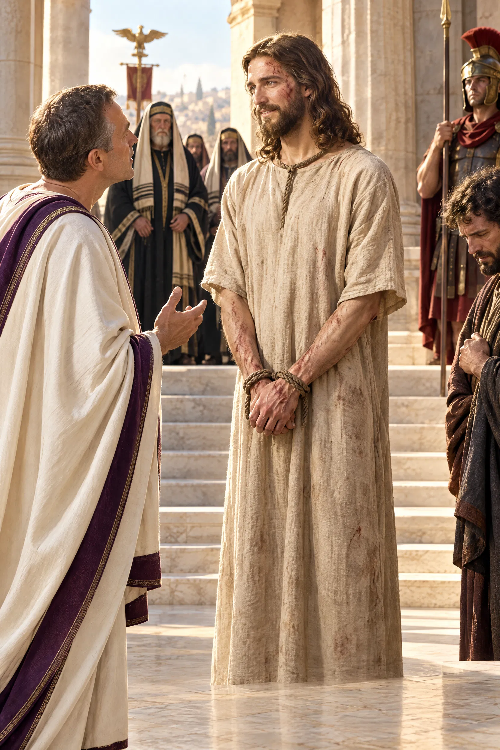 Jesus Stands Bound Before Pontius Pilate