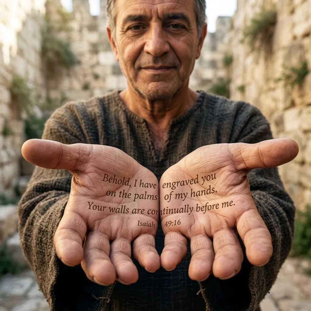 Man Showing Words of Isaiah Written on His Palms