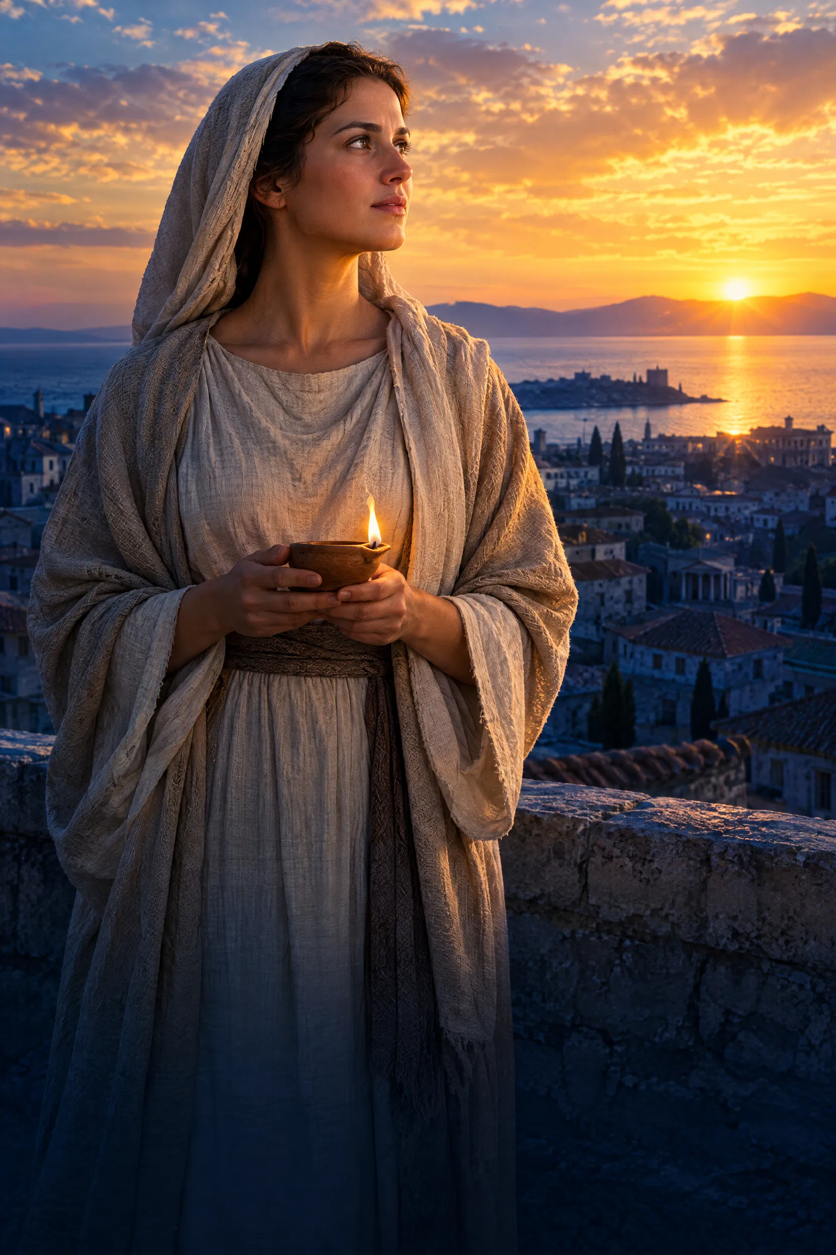 Watchful Woman Holds a Lamp at Dawn
