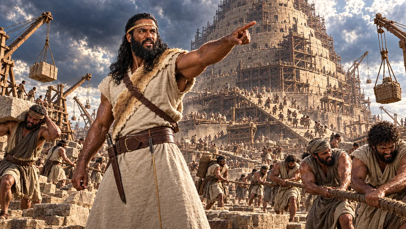 Nimrod Points While Workers Build the Tower of Babel