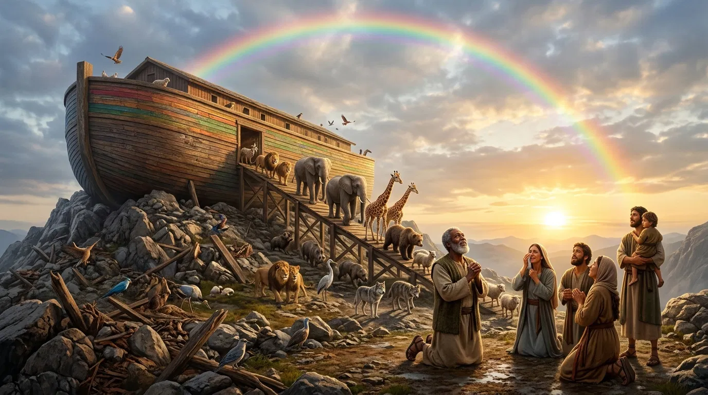 Noah's Family Kneels in Thanks at the Ark