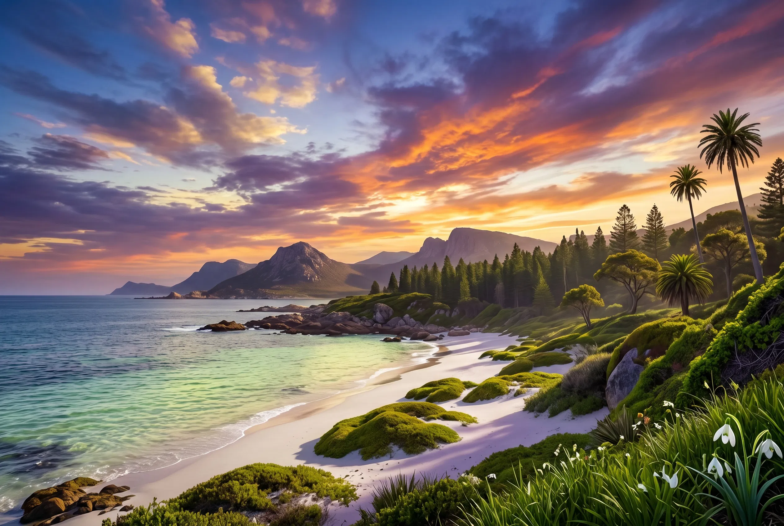 Sunset over a Sandy Bay with Green Hills