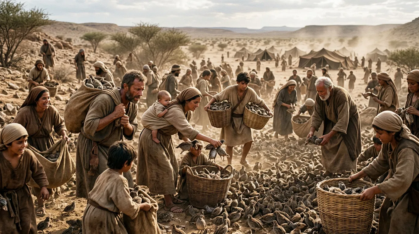 Israelites Gather Quail in the Wilderness