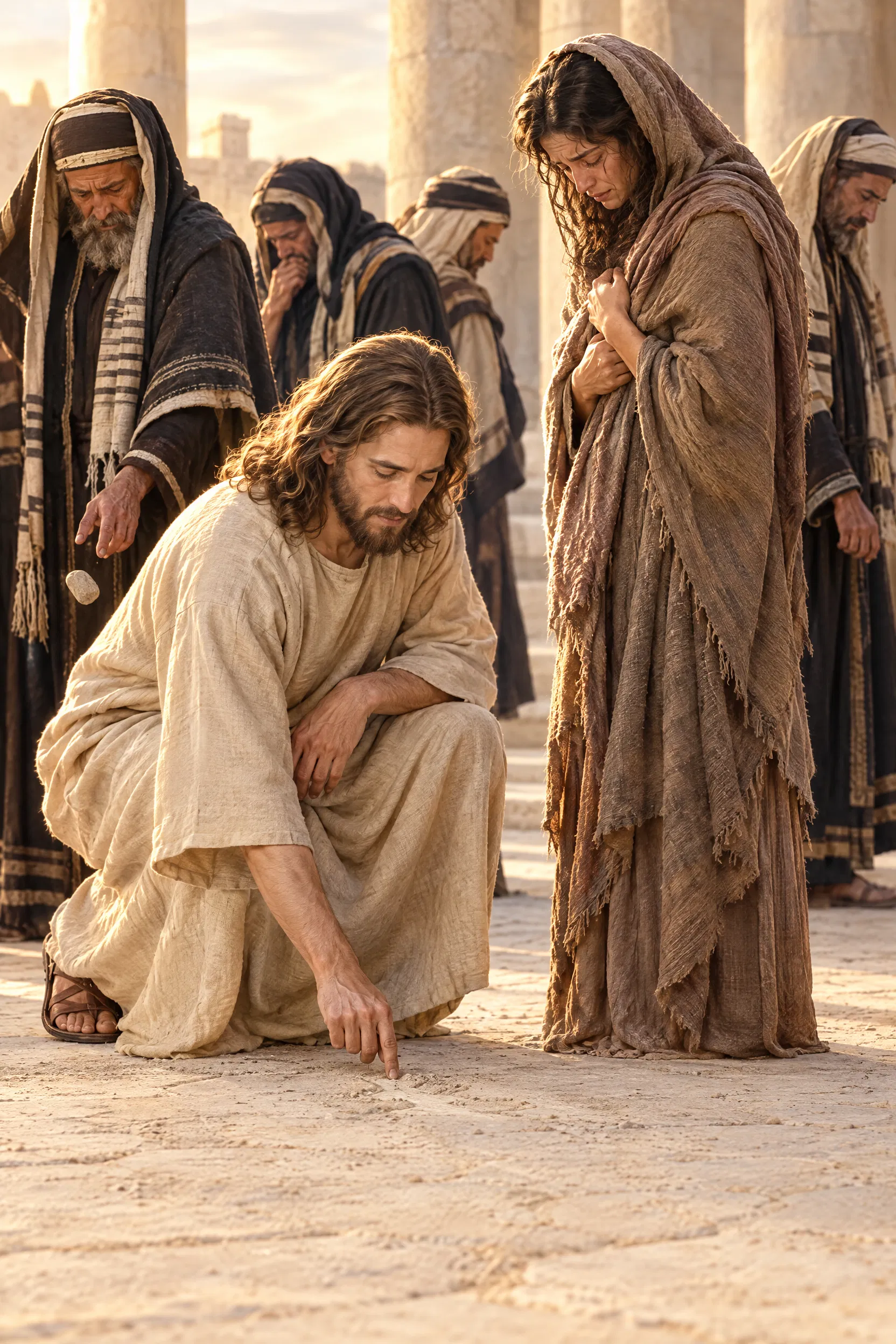 Jesus Writes in the Dust Before the Accused Woman