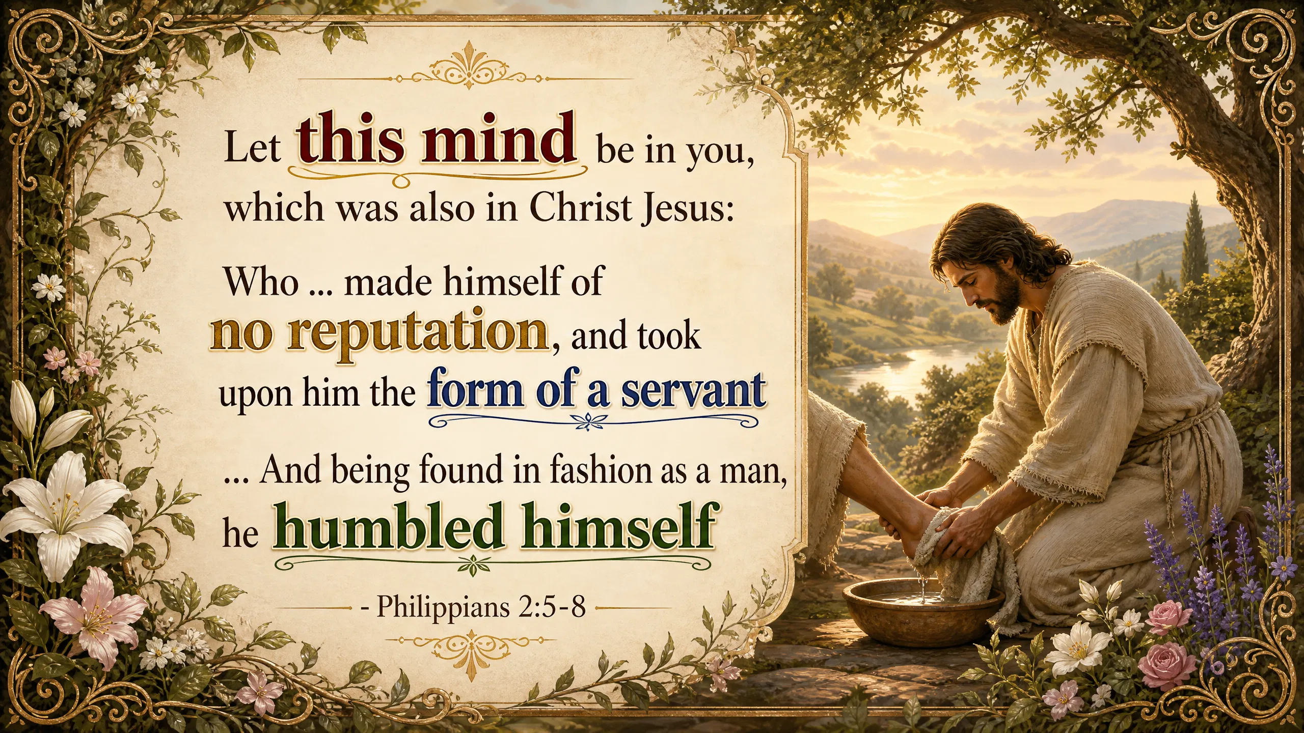 Jesus Washes Feet Beside Philippians 2 Text