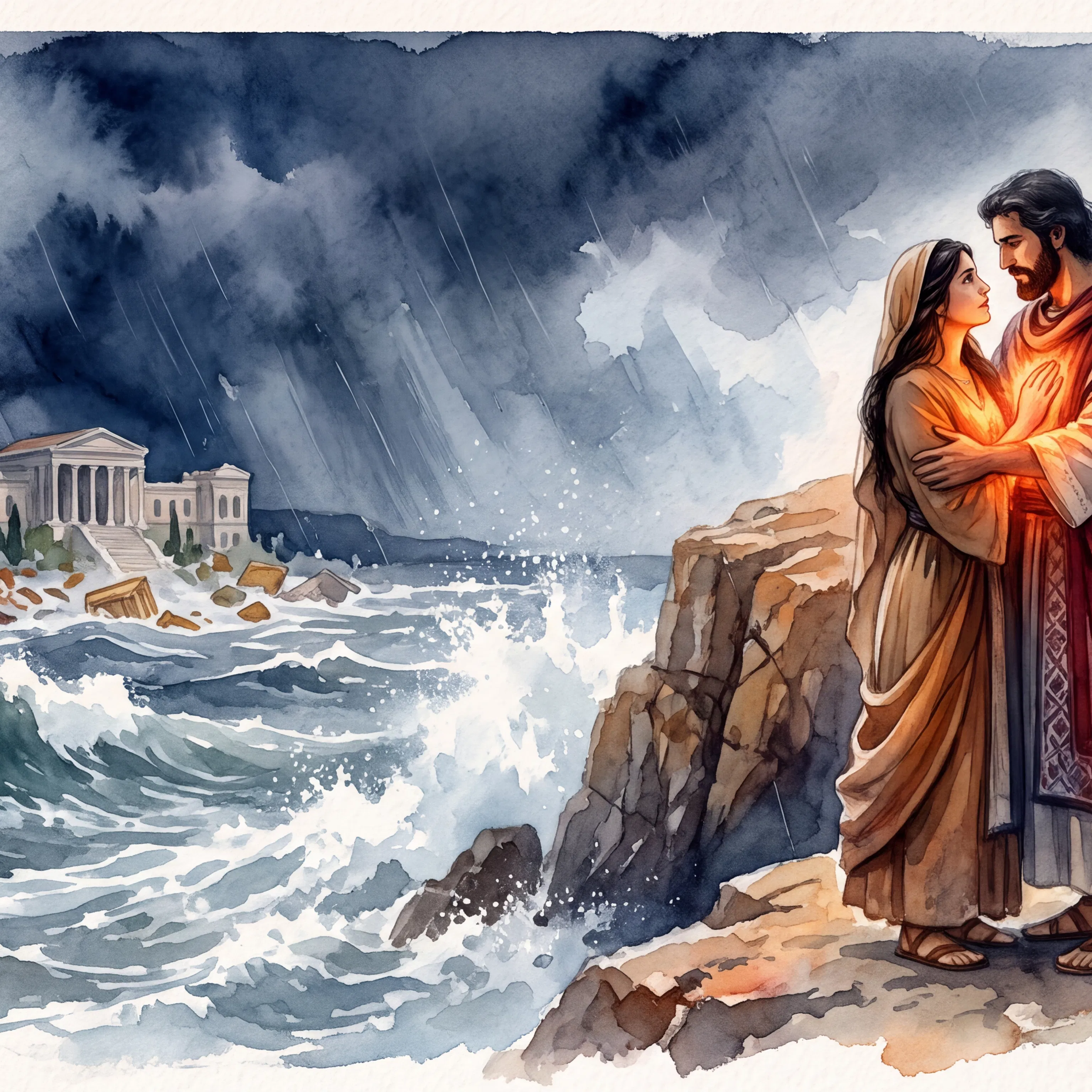 Couple Embracing on a Cliff Above the Stormy Sea