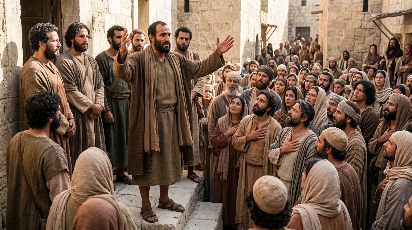 Peter Preaching to the Crowd at Pentecost