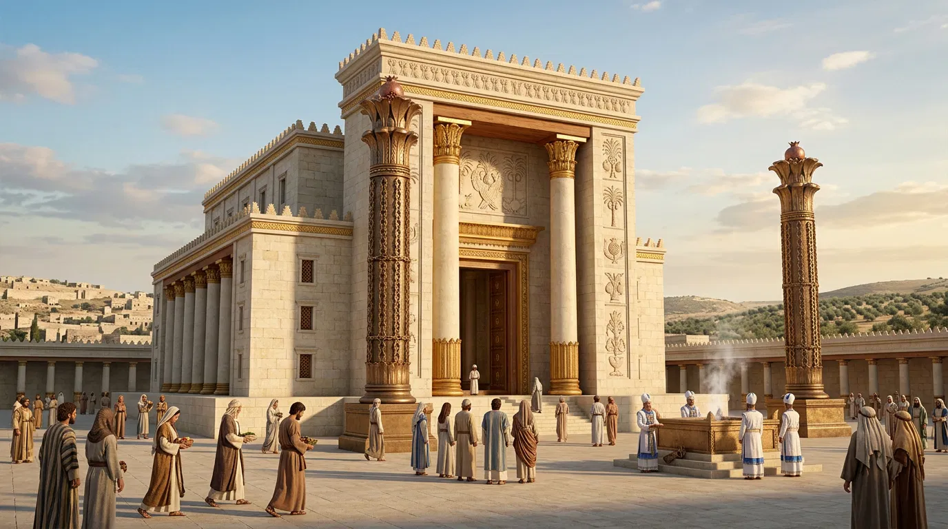 Solomon's Temple With Its Pillars and Altar