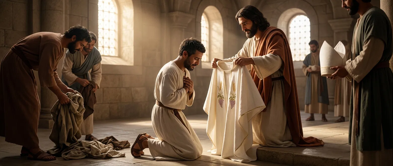 Christ Clothing a Kneeling Man in a White Robe