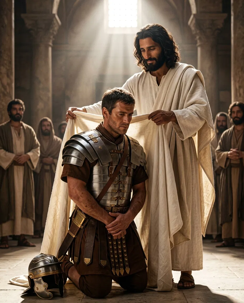 Christ Clothes a Kneeling Soldier in a White Robe