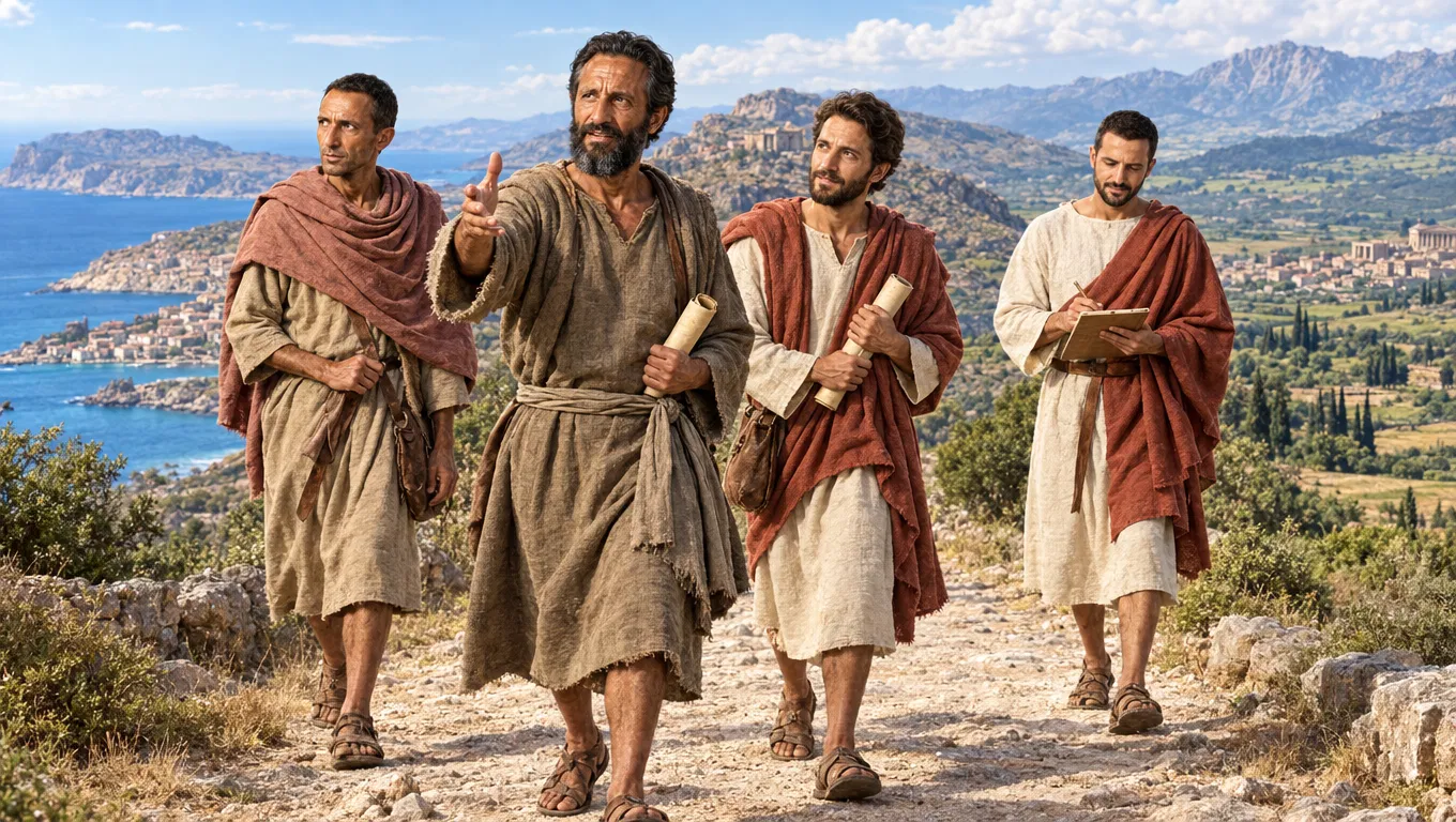Paul and Companions Walking a Road Above the Sea