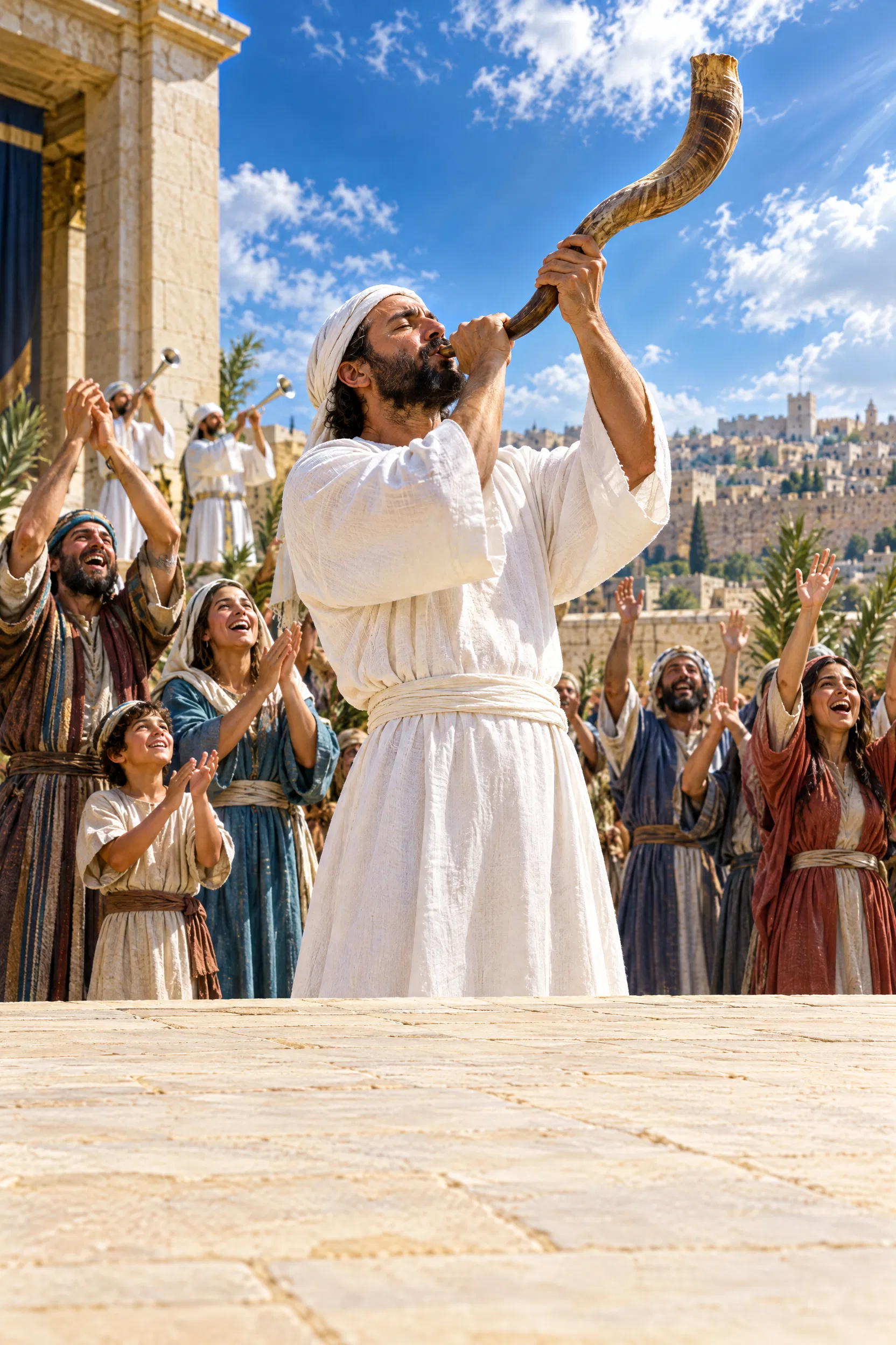 A Levite Blows the Shofar as the People Clap