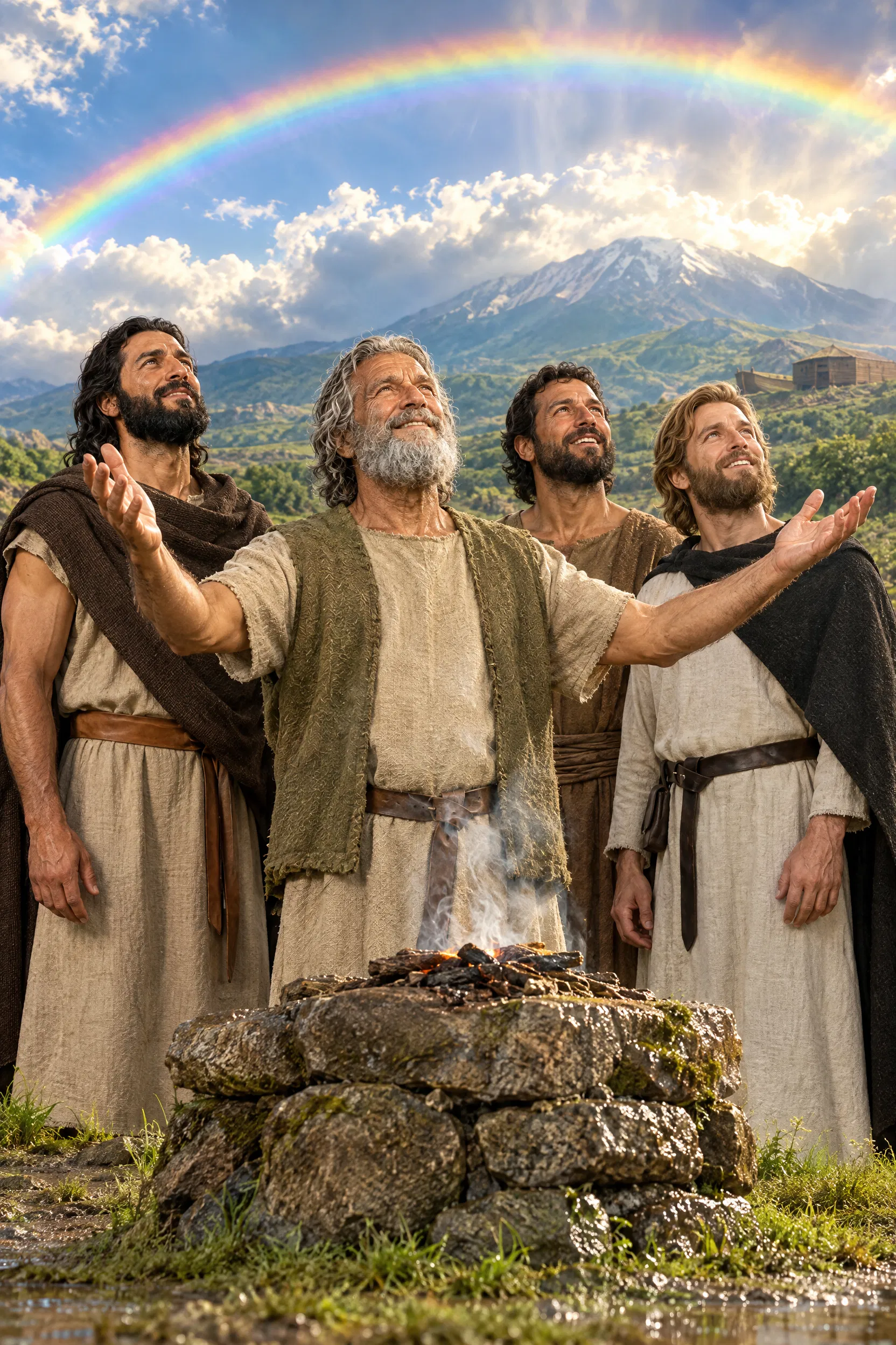 Noah and His Sons Give Thanks Under the Rainbow