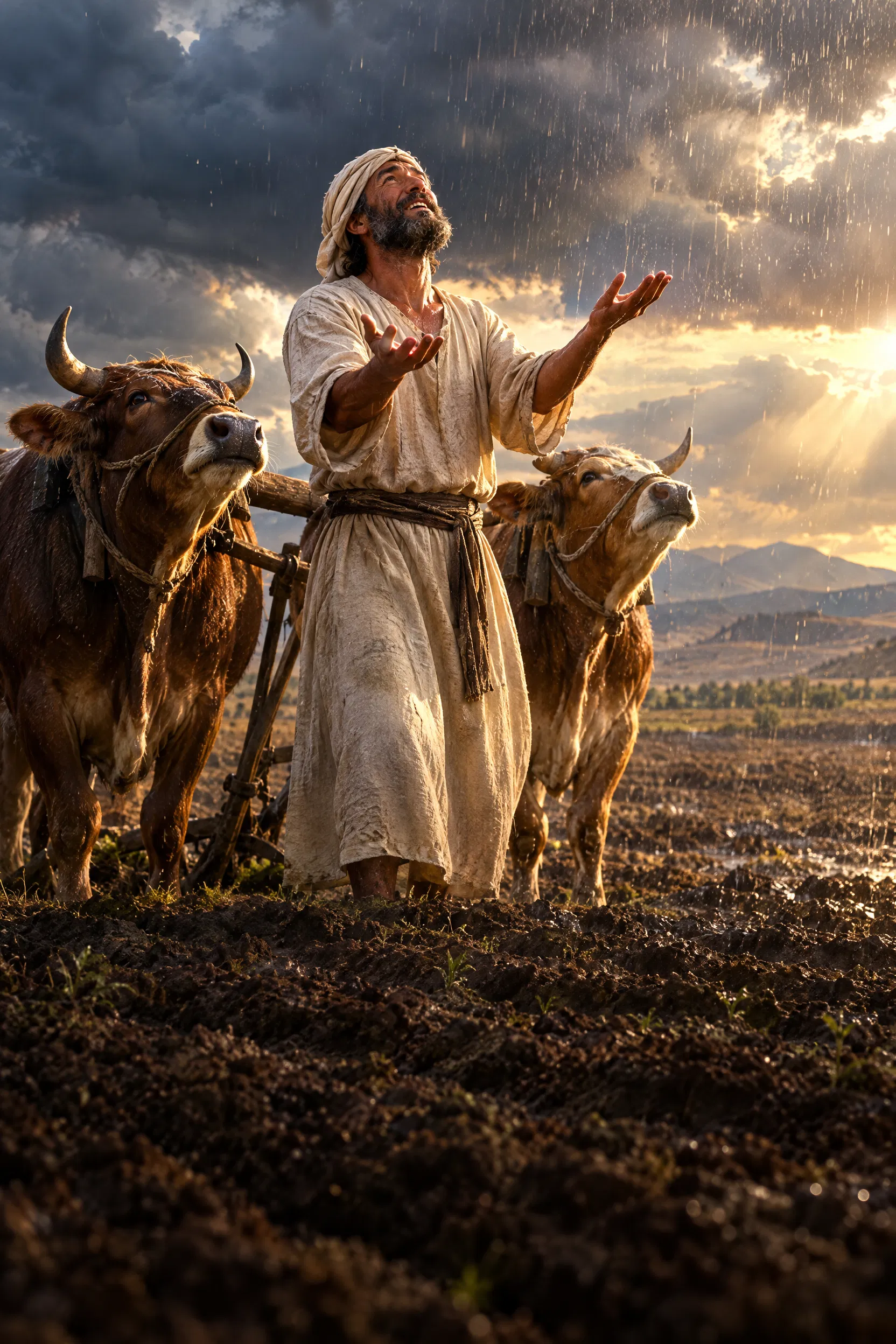 A Farmer Greets the Rain in His Field