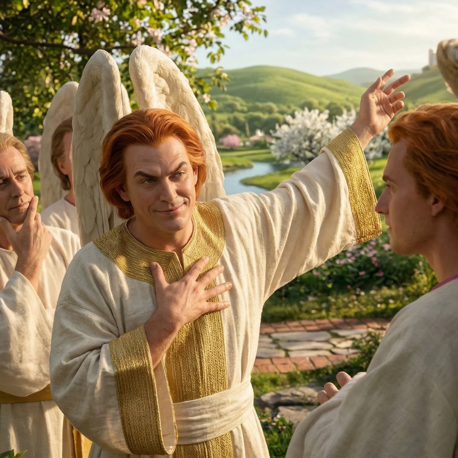 An Angel Speaks to Other Angels in a Garden