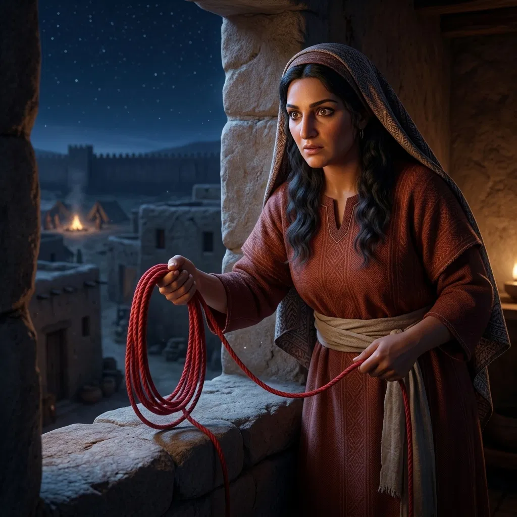 Rahab Holding the Scarlet Cord at Night