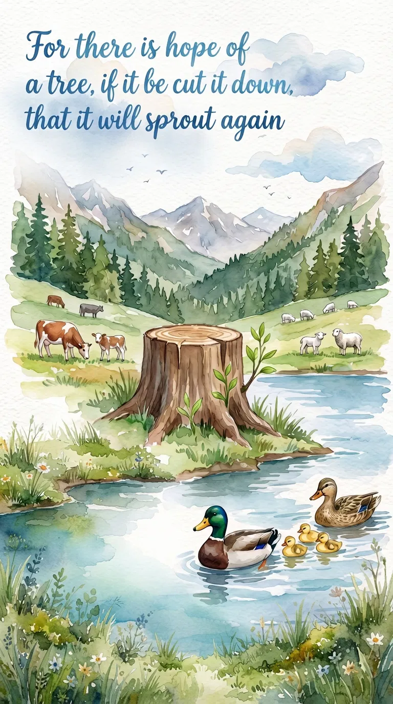Tree Stump Sprouting by a Quiet Pond