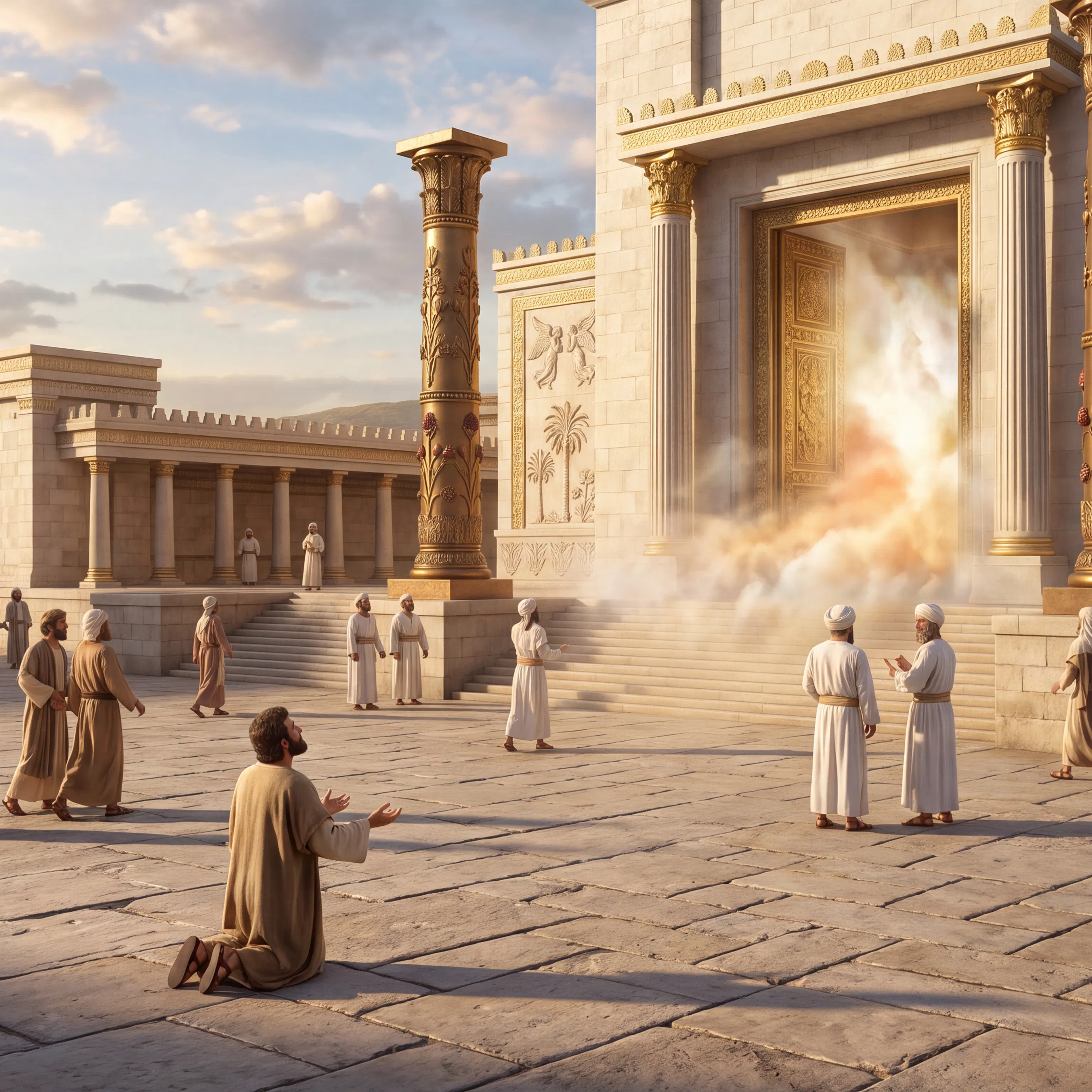 Priests and Worshippers Before Solomon's Temple Filled With Cloud