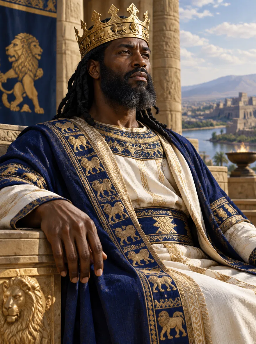 Crowned Israelite King Seated on a Lion Throne