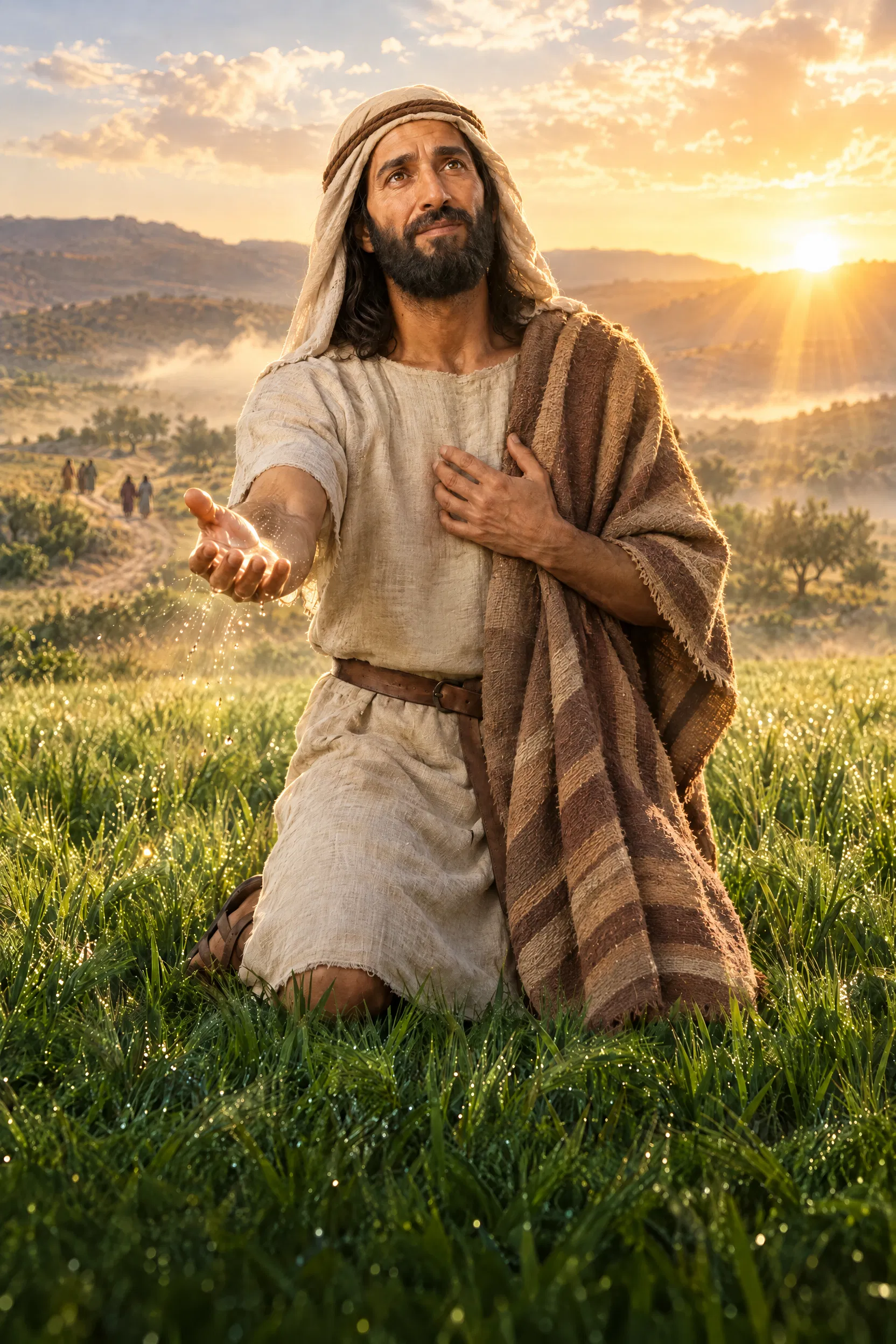 Hosea Kneeling in a Dewy Field at Sunrise