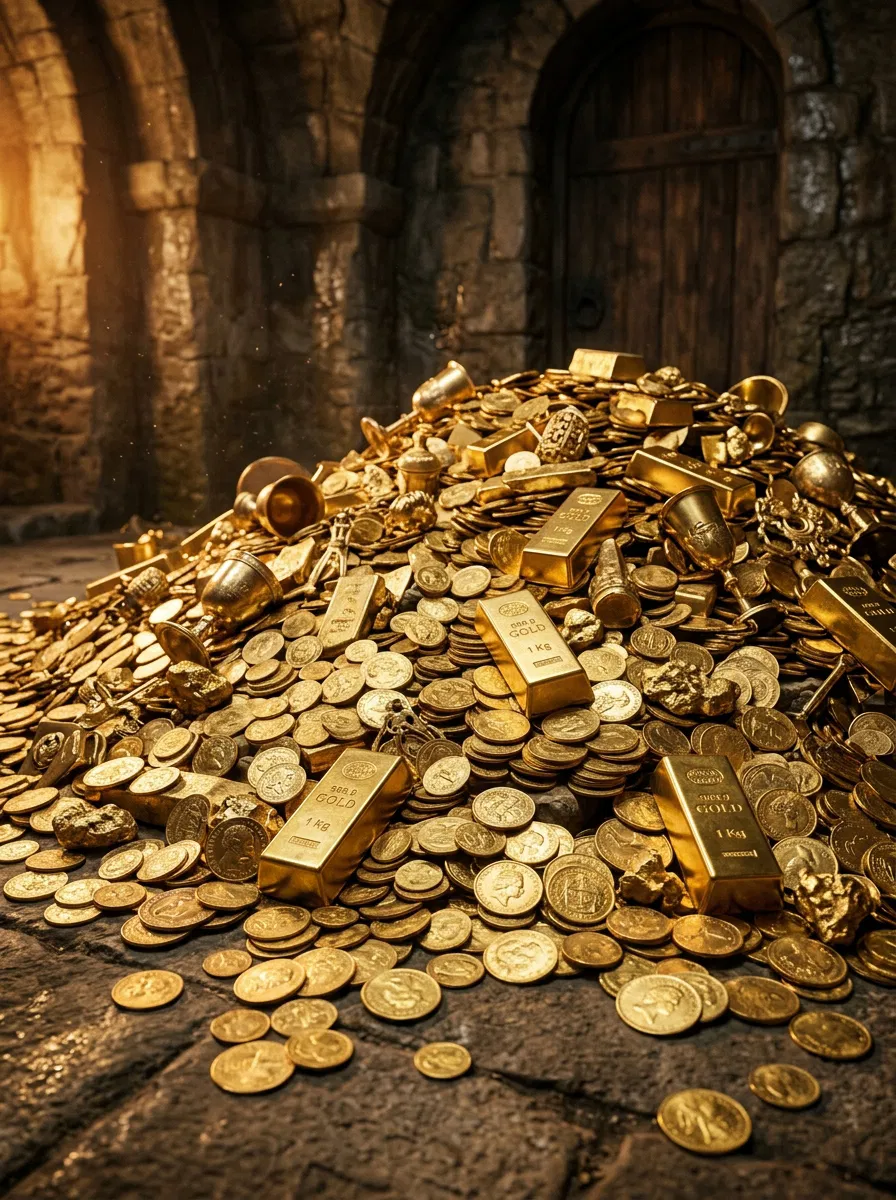 A Pile of Gold Coins and Bars in a Vault