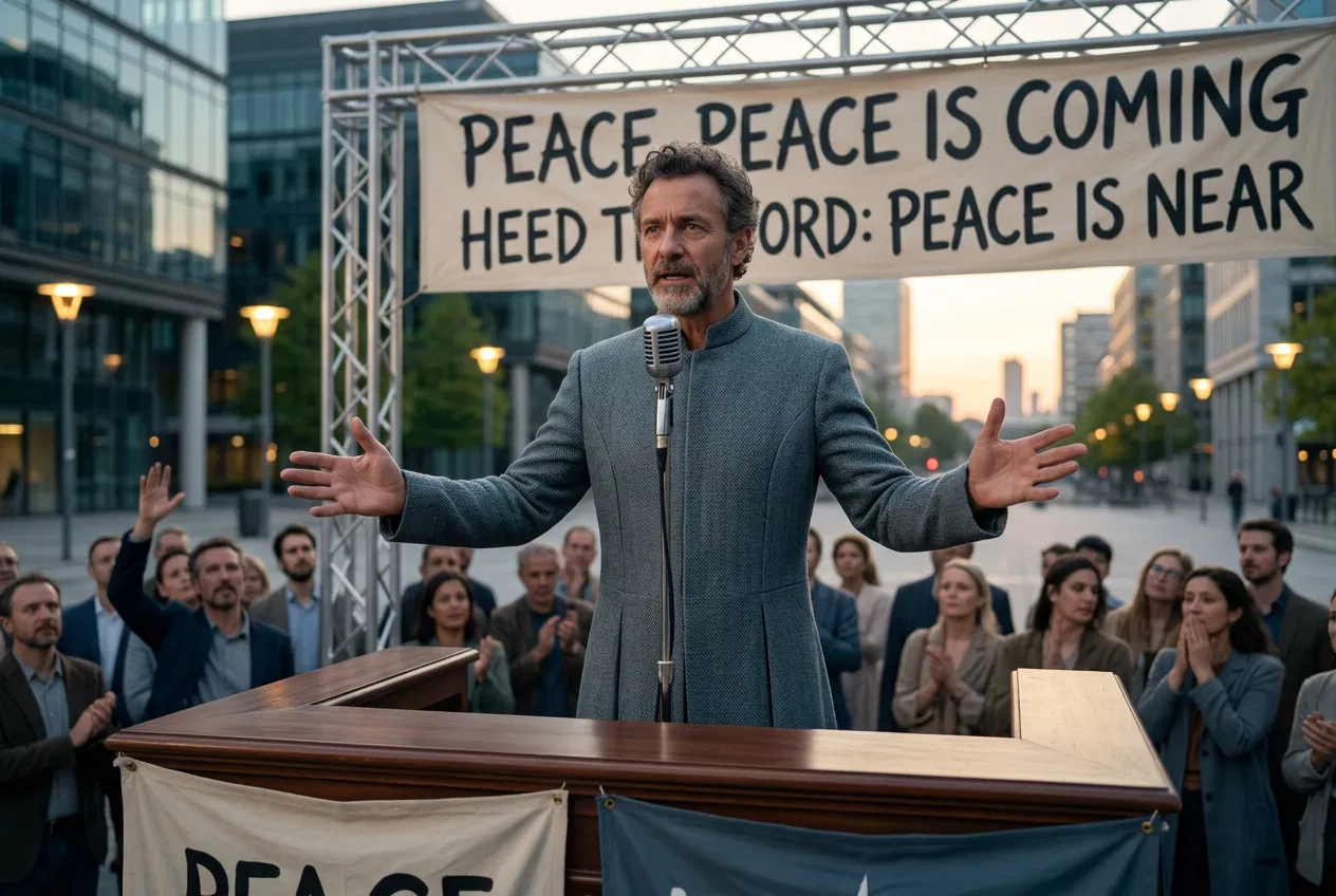 Speaker Proclaiming Peace to a Crowd