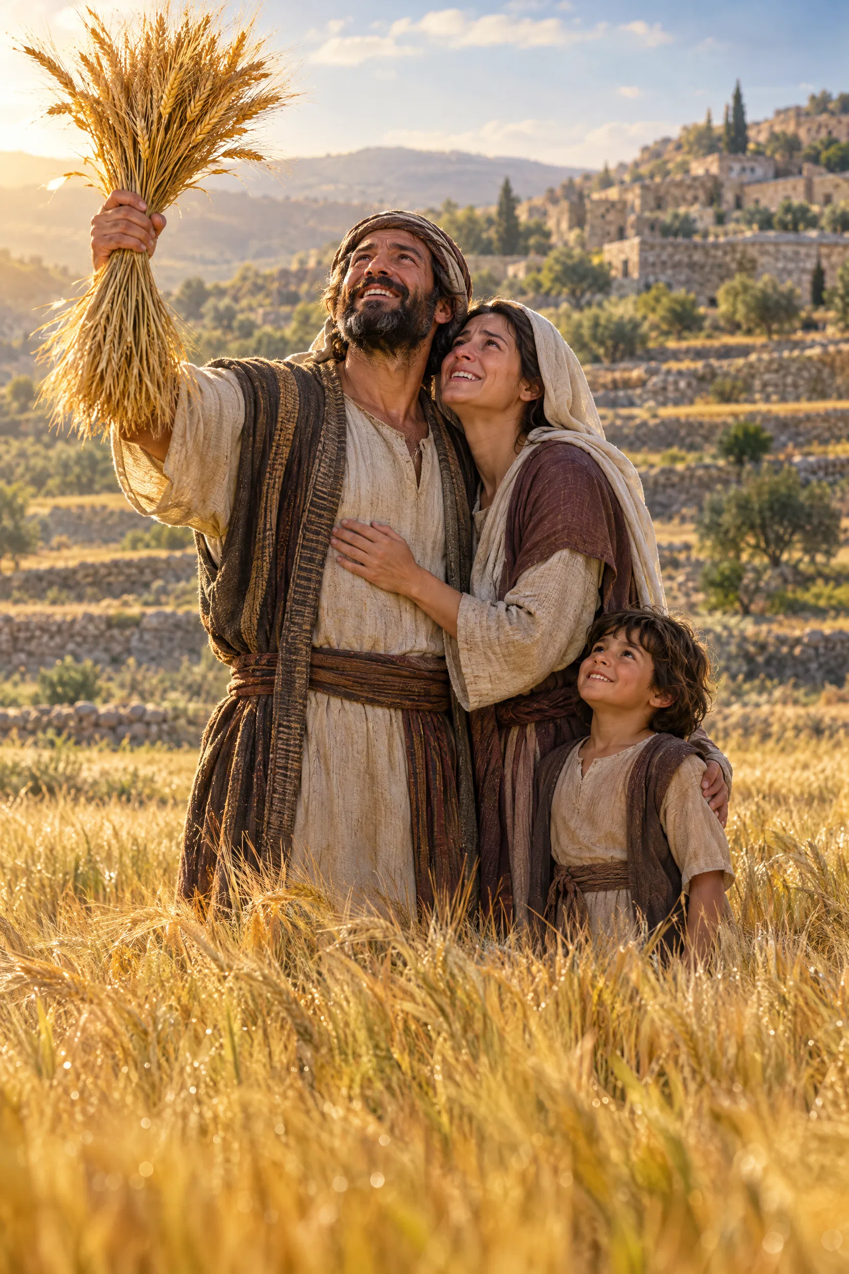 Returned Farmer Raises a Sheaf with His Family