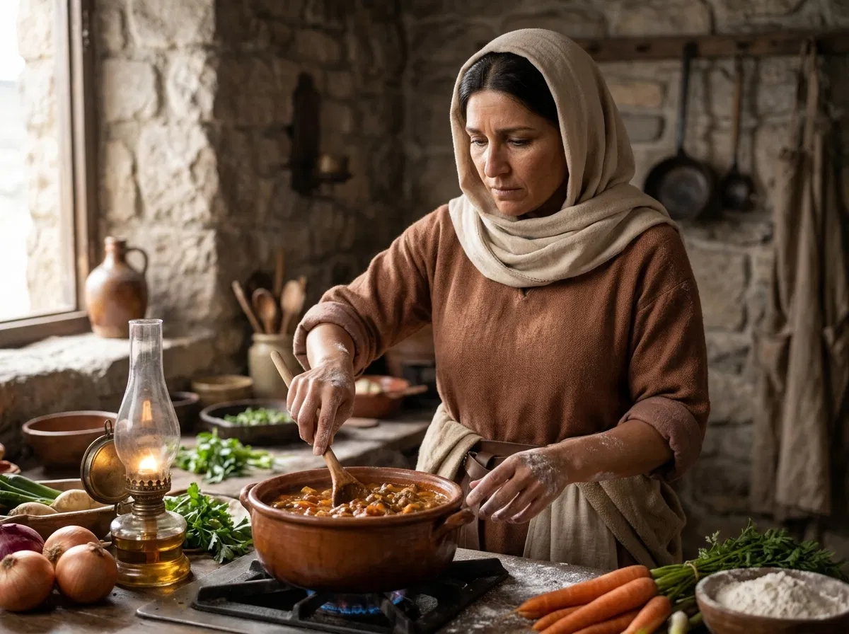 Woman Cooking a Stew in a Stone Kitchen
