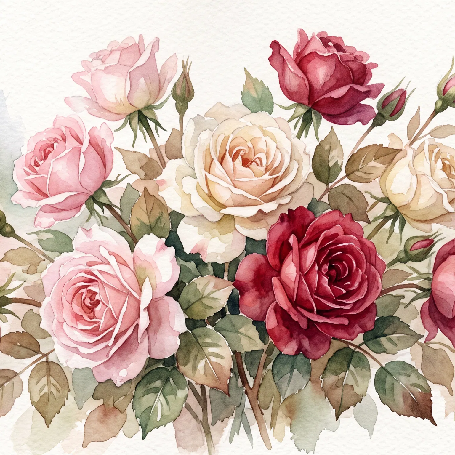 Watercolor Roses in Pink, Cream and Red
