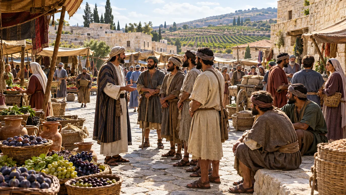 Landowner Speaks with Men in the Market