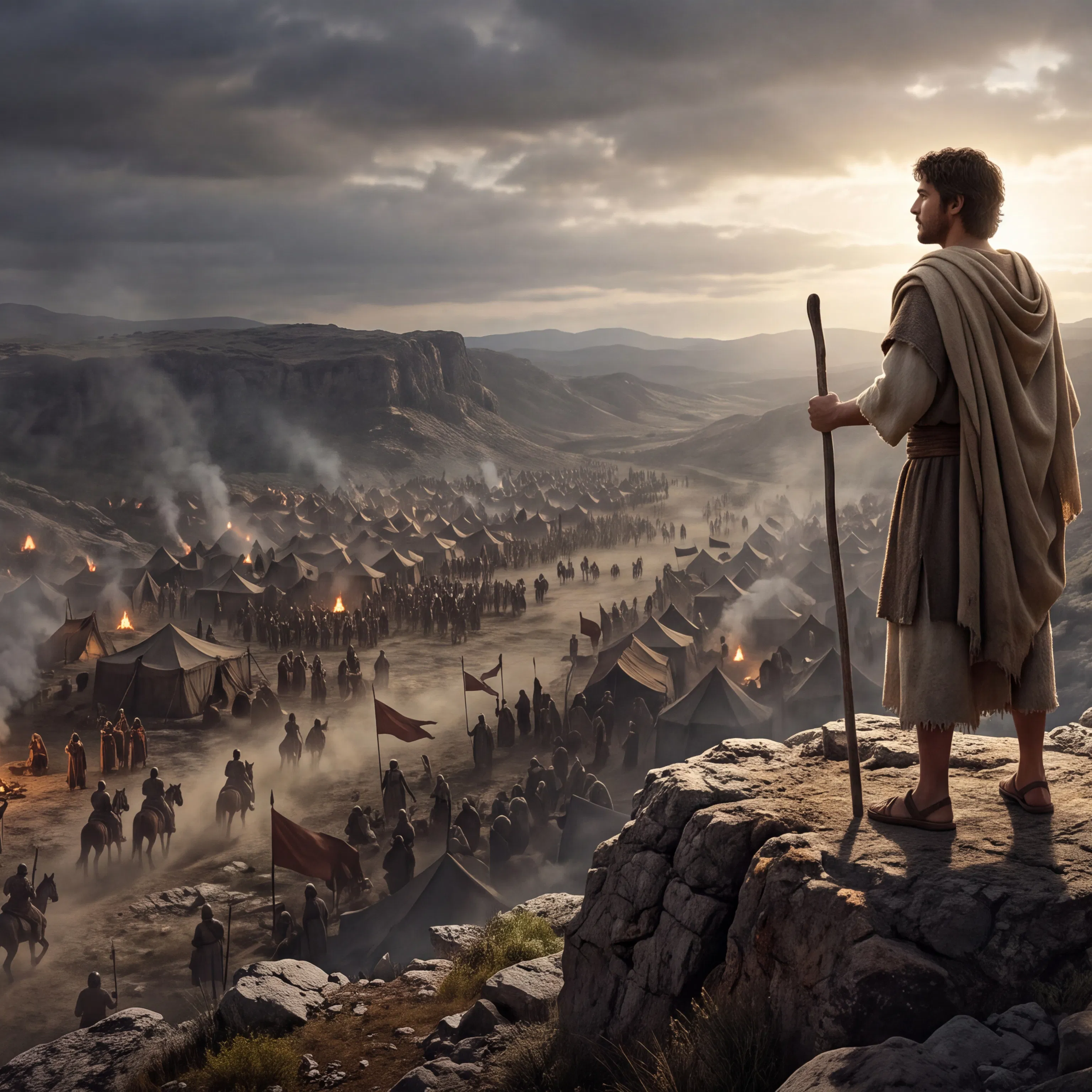 Shepherd With Staff Overlooks Enemy Army Camp in the Valley