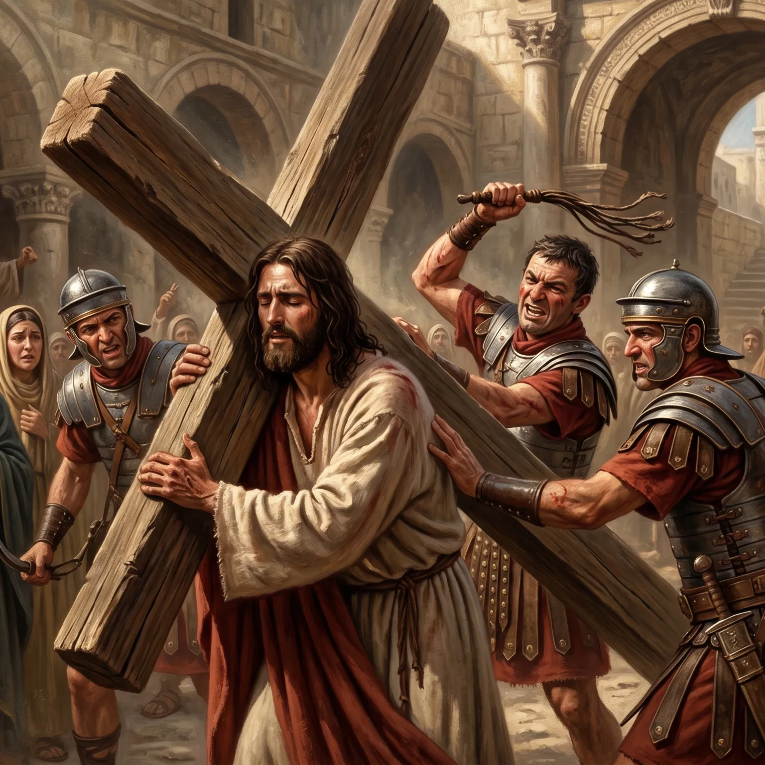 Jesus Carries the Cross Under Roman Guards
