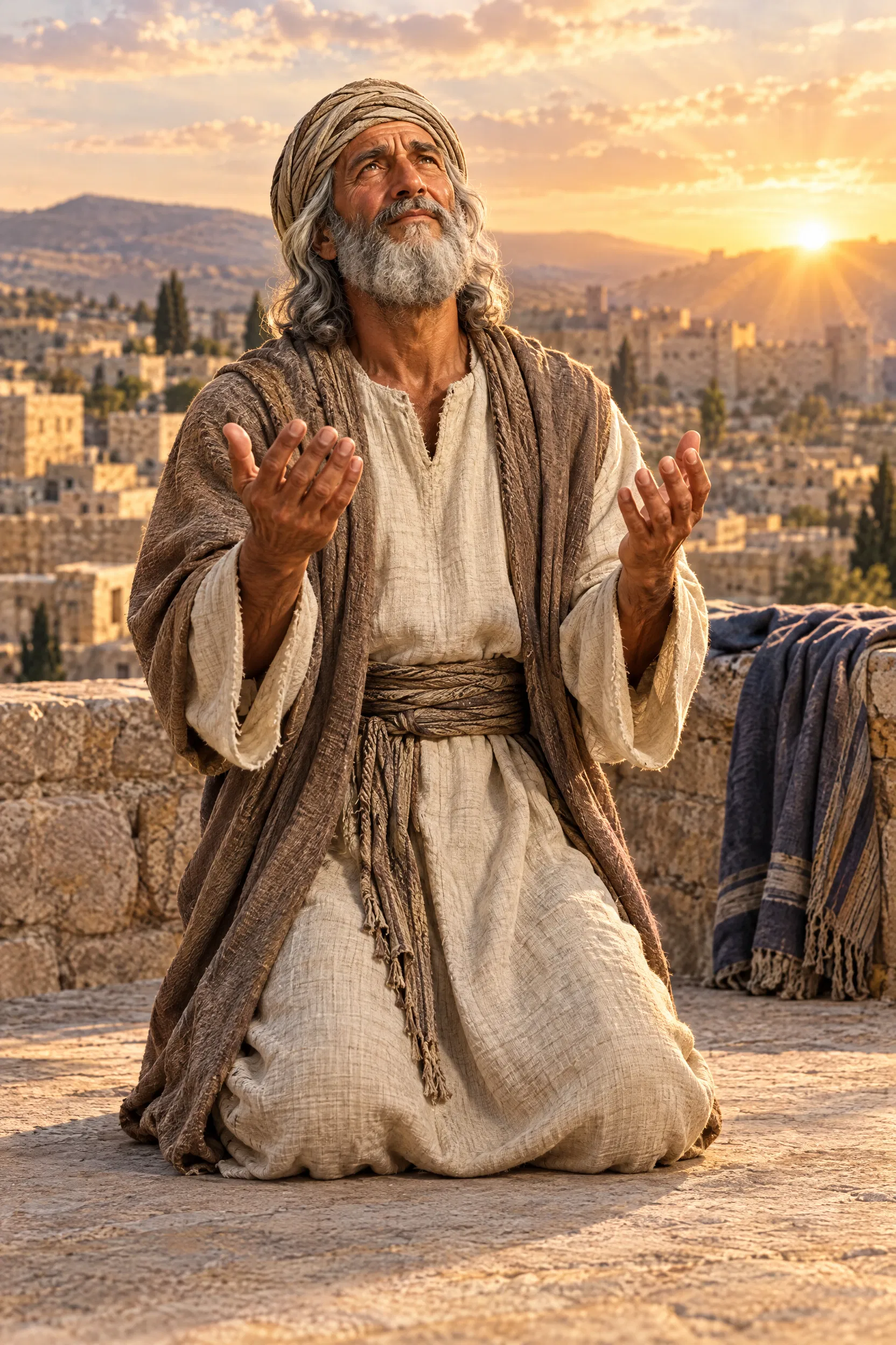 David Prays on a Rooftop at Dawn