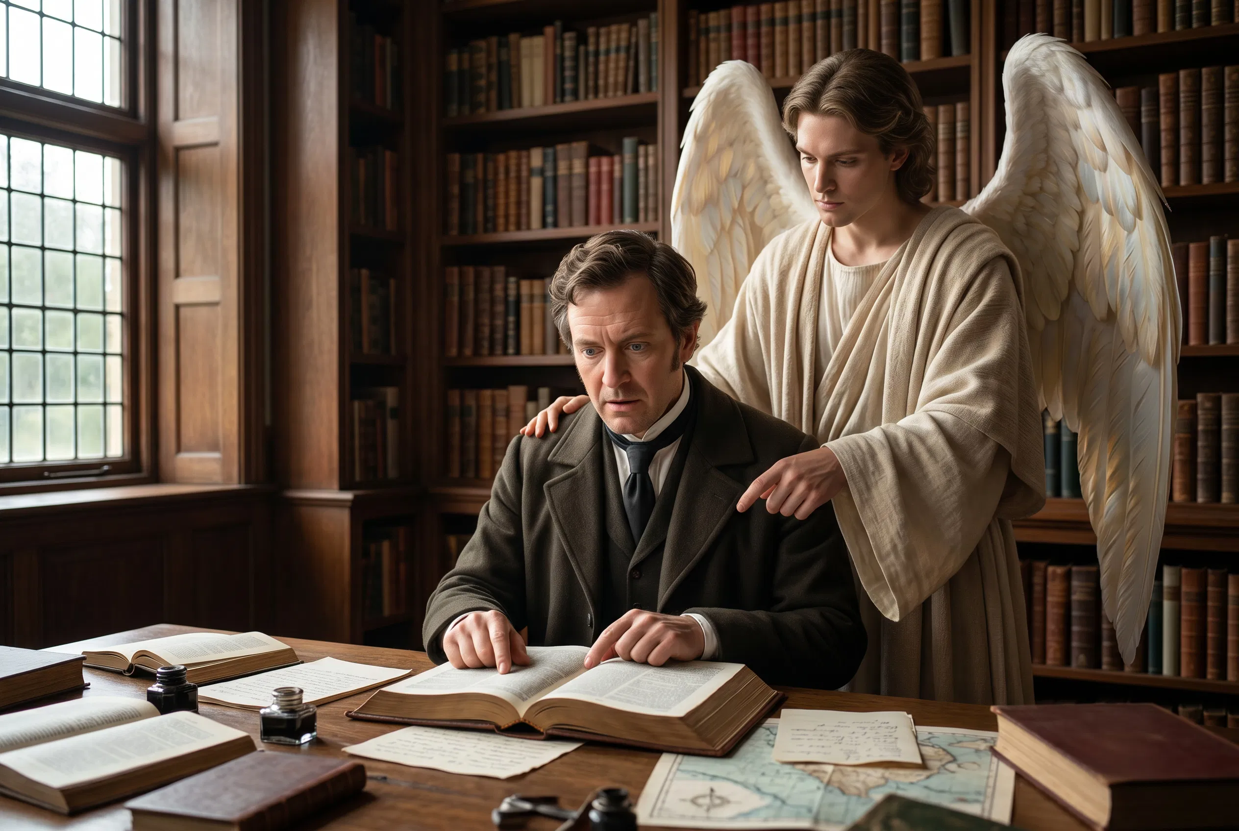 An Angel Stands Behind William Miller Studying the Bible