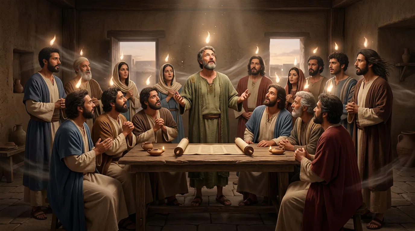 Believers Gathered Under Flames of the Holy Spirit