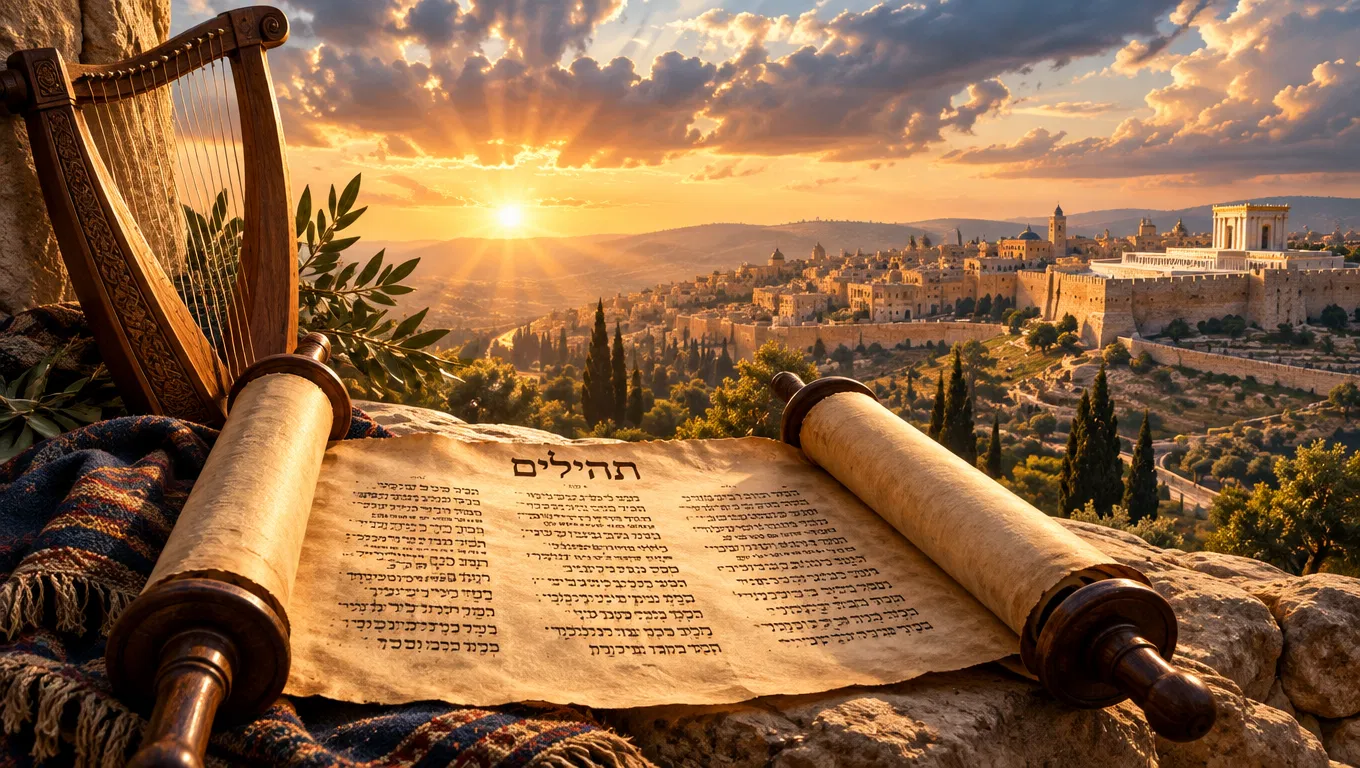 A Harp and Psalms Scroll Above Jerusalem