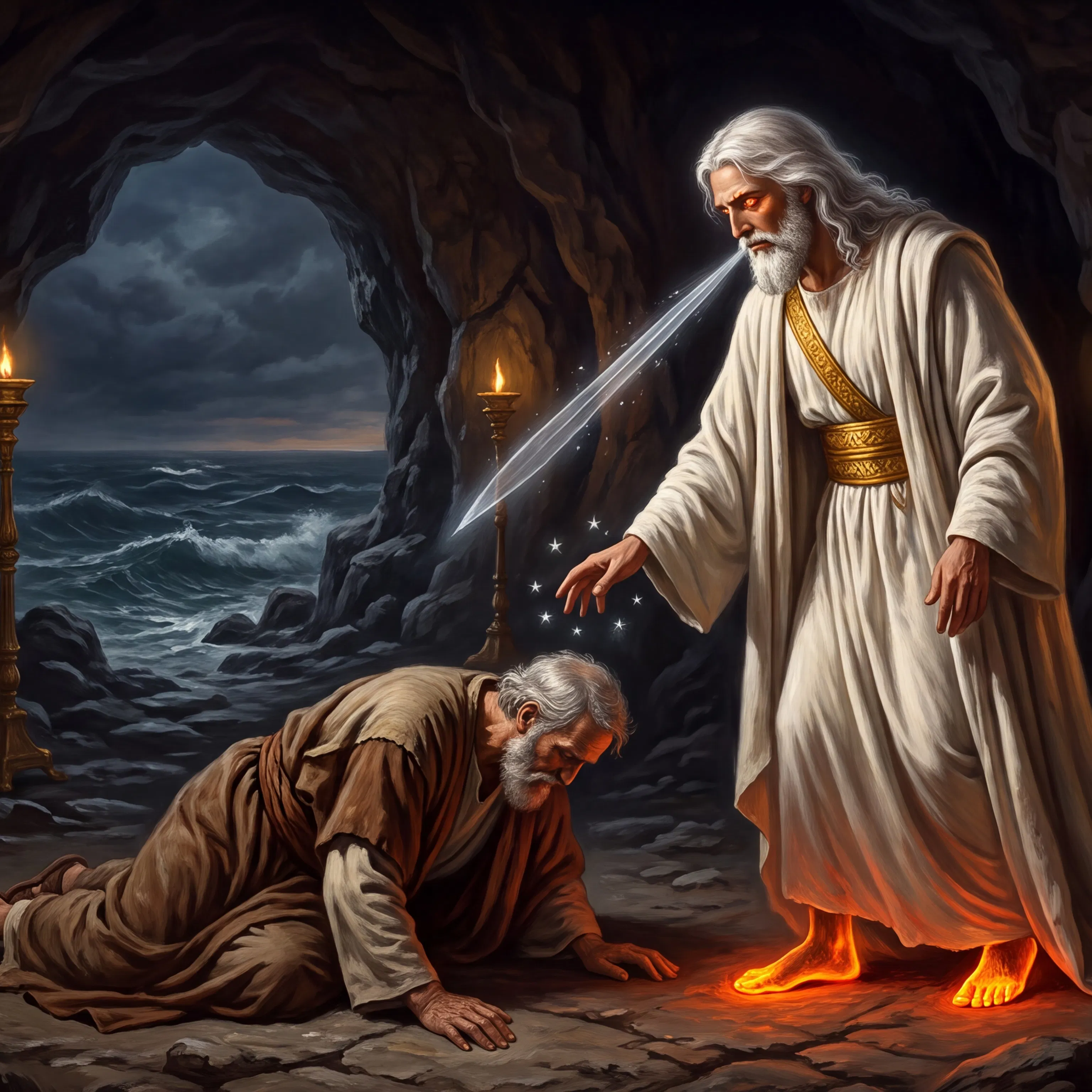 John Falls Before the Glorified Christ on Patmos