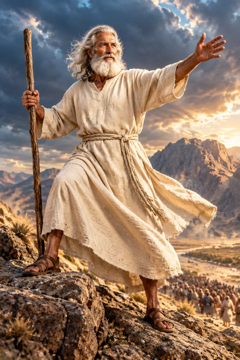 Moses Stands on a Rock With His Staff