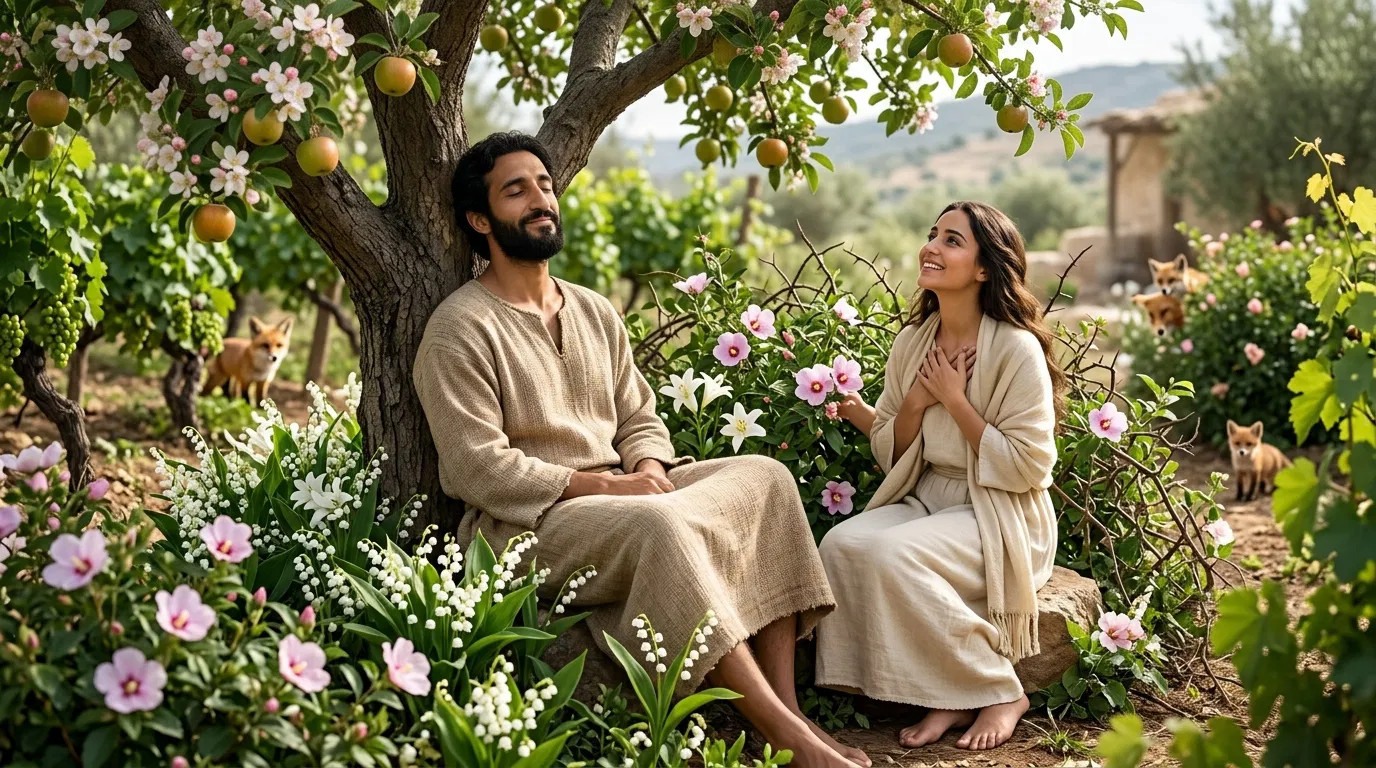 Couple Resting Under the Apple Tree With Foxes
