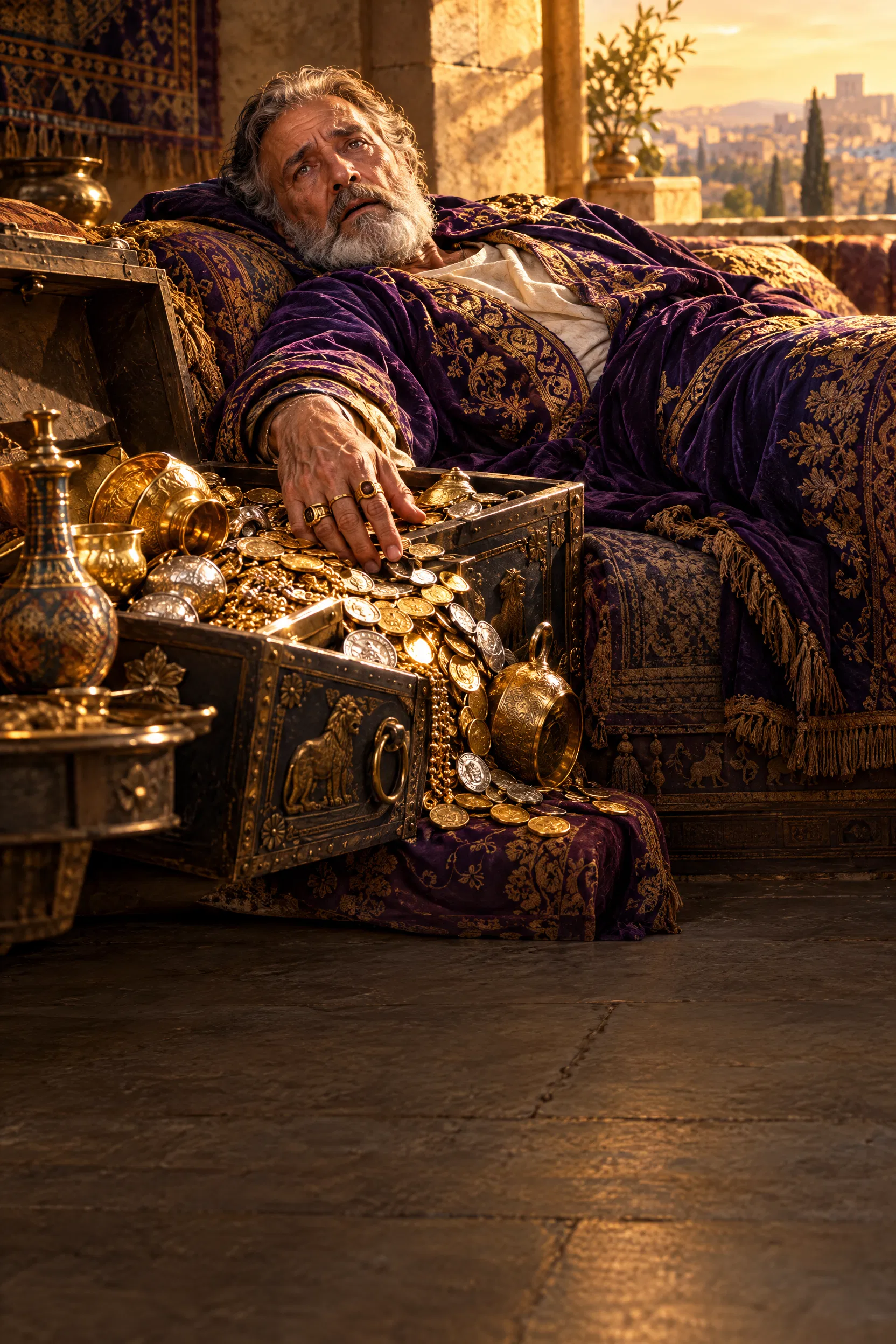 Dying Rich Man Beside His Open Chest of Gold