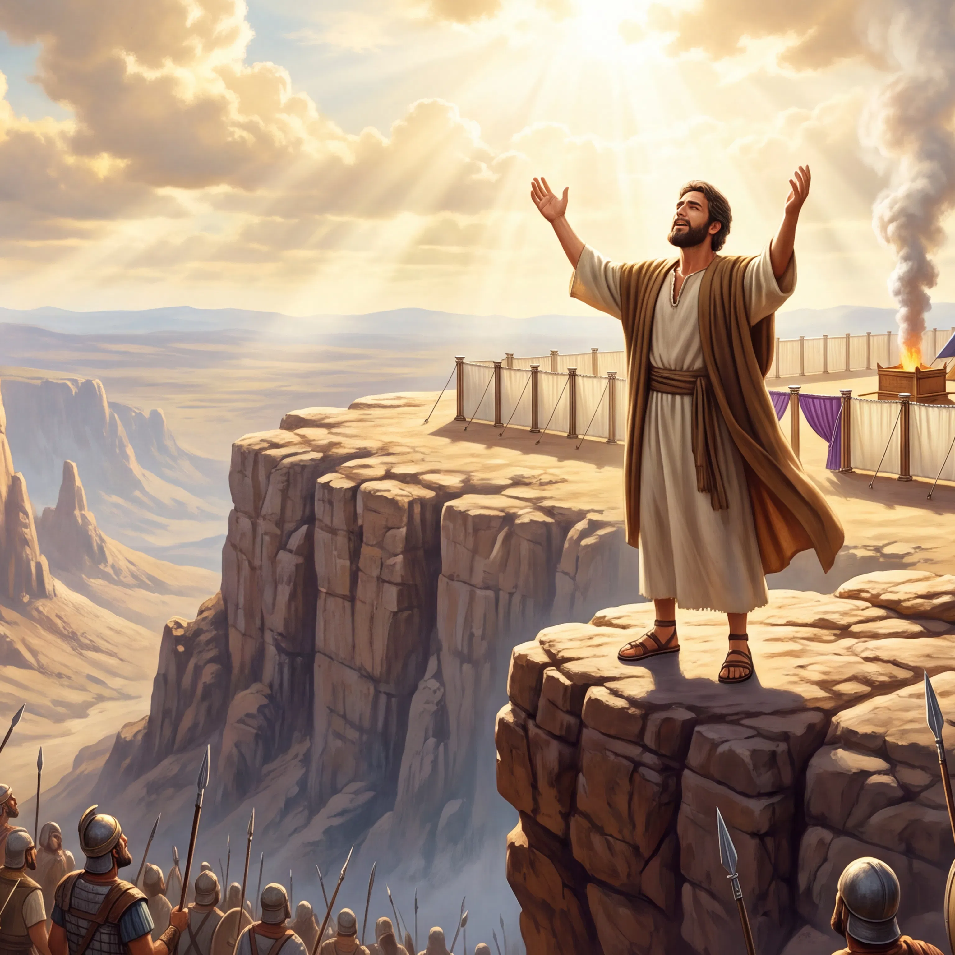 Man Raises Arms on Cliff Near the Tabernacle
