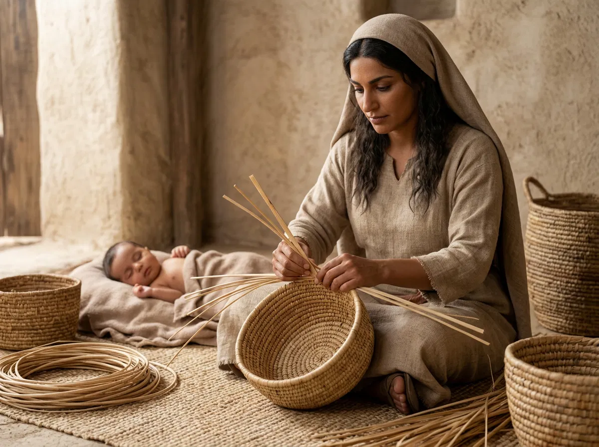 Moses' Mother Weaving a Basket Beside Her Baby
