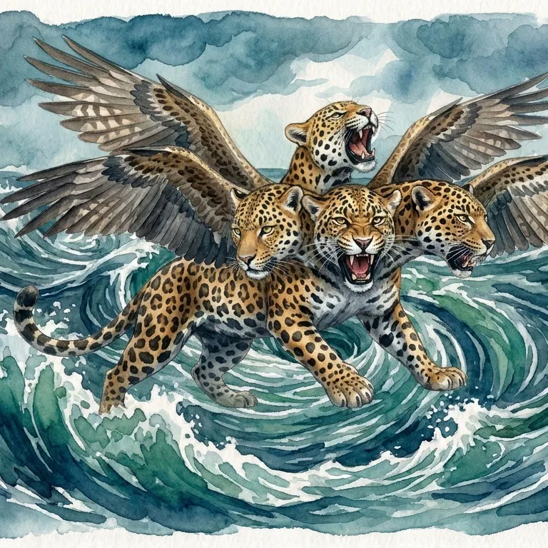 Four-Headed Winged Leopard Rising from the Sea